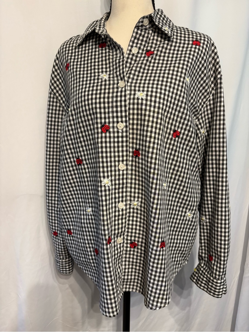 Teddi Black & White Gingham Button-Up Shirt with Red & White Embroidery Ladybug
